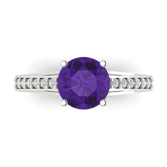 2.21 cttw Natural Amethyst Solitaire with Zirconia Simulated Diamond Accents Engagement Ring - Solid White Gold (VVS1, Round Cut,8.0mm)