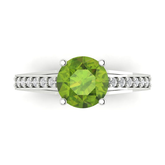 2.21 cttw Natural Peridot Solitaire with Zirconia Simulated Diamond Accents Engagement Ring - Solid White Gold (VVS1, Round Cut,8.0mm)