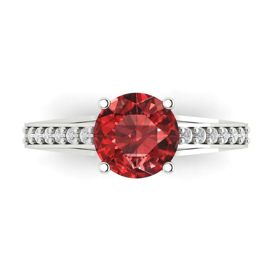2.21 cttw Natural Garnet Solitaire with Zirconia Simulated Diamond Accents Engagement Ring - Solid White Gold (VVS1, Round Cut,8.0mm)