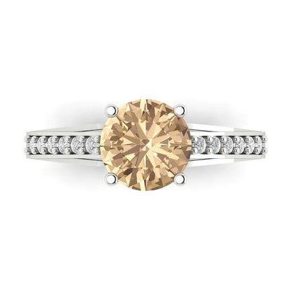 2.21 cttw Yellow Moissanite Solitaire with Zirconia Simulated Diamond Accents Engagement Ring - Solid Gold (Round Cut,8.0mm)