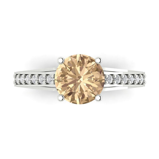 2.21 cttw Yellow Moissanite Solitaire with Zirconia Simulated Diamond Accents Engagement Ring - Solid White Gold (VVS1, Round Cut,8.0mm)