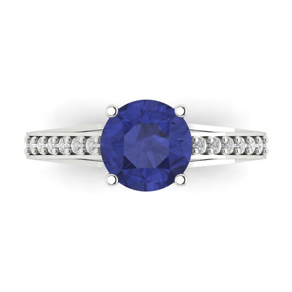 2.21 cttw Simulated Tanzanite Solitaire with Zirconia Simulated Diamond Accents Engagement Ring - Solid Gold (Round Cut,8.0mm)