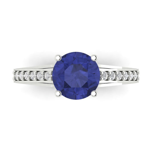 2.21 cttw Simulated Tanzanite Solitaire with Zirconia Simulated Diamond Accents Engagement Ring - Solid White Gold (VVS1, Round Cut,8.0mm)