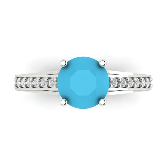2.21 cttw Simulated Turquoise Solitaire with Zirconia Simulated Diamond Accents Engagement Ring - Solid White Gold (VVS1, Round Cut,8.0mm)