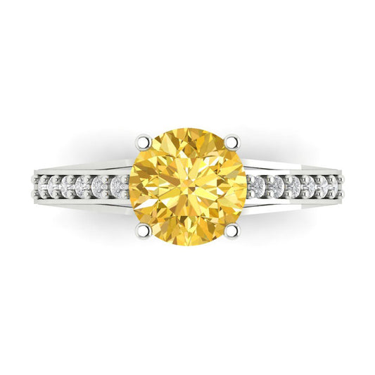 2.21 cttw Zirconia Simulated Yellow Diamond Solitaire with Zirconia Simulated Diamond Accents Engagement Ring - Solid White Gold (VVS1, Round Cut,8.0mm)
