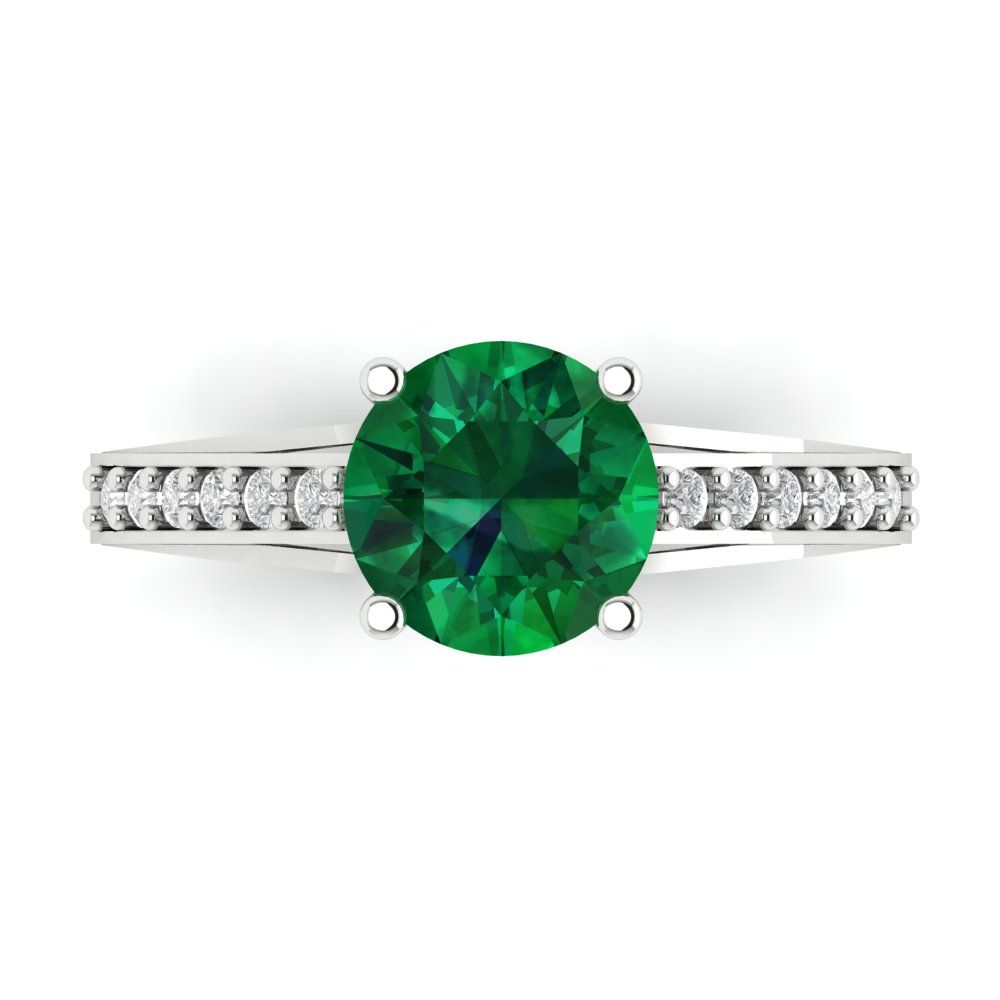 2.21 cttw Simulated Emerald Solitaire with Zirconia Simulated Diamond Accents Engagement Ring - Solid Gold (Round Cut,8.0mm)