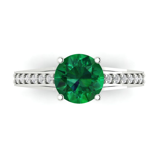 2.21 cttw Simulated Emerald Solitaire with Zirconia Simulated Diamond Accents Engagement Ring - Solid White Gold (VVS1, Round Cut,8.0mm)