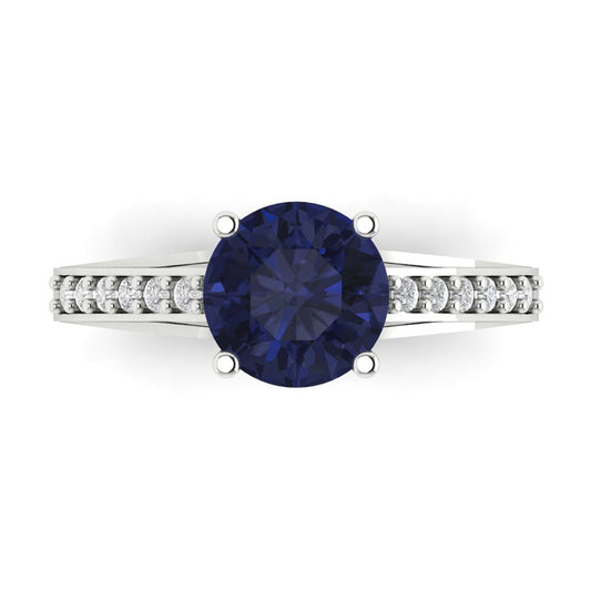 2.21 cttw Simulated Blue Sapphire Solitaire with Zirconia Simulated Diamond Accents Engagement Ring - Solid White Gold (VVS1, Round Cut,8.0mm)