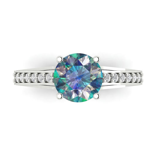 2.21 cttw Blue Moissanite Solitaire with Zirconia Simulated Diamond Accents Engagement Ring - Solid White Gold (VVS1, Round Cut,8.0mm)