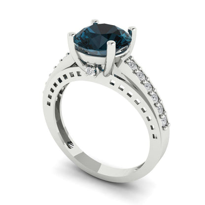 2.21 cttw Natural London Blue Topaz Solitaire with Zirconia Simulated Diamond Accents Engagement Ring - Solid Gold (Round Cut,8.0mm)