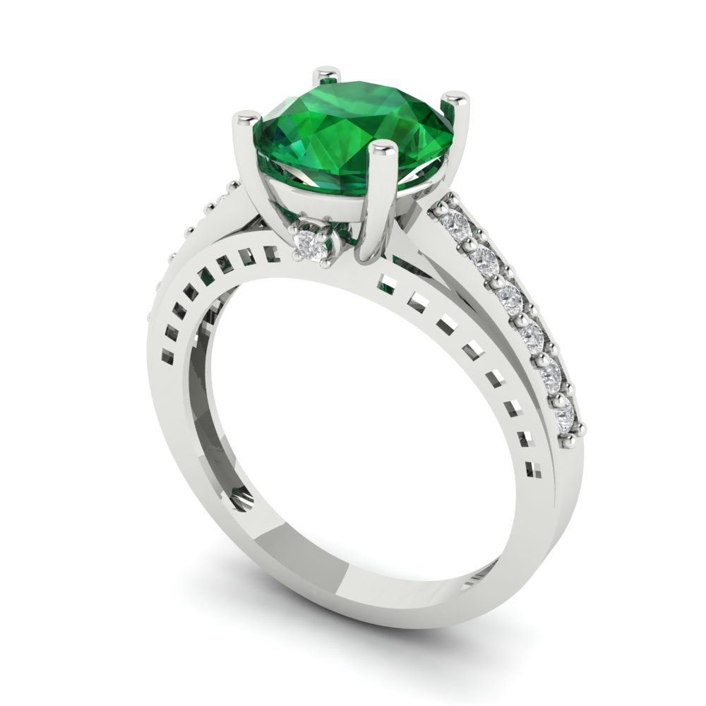 2.21 cttw Simulated Emerald Solitaire with Zirconia Simulated Diamond Accents Engagement Ring - Solid Gold (Round Cut,8.0mm)