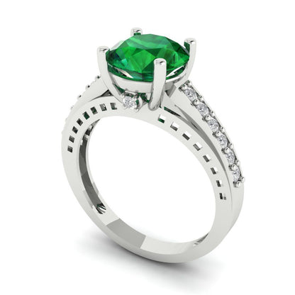 2.21 cttw Simulated Emerald Solitaire with Zirconia Simulated Diamond Accents Engagement Ring - Solid Gold (Round Cut,8.0mm)