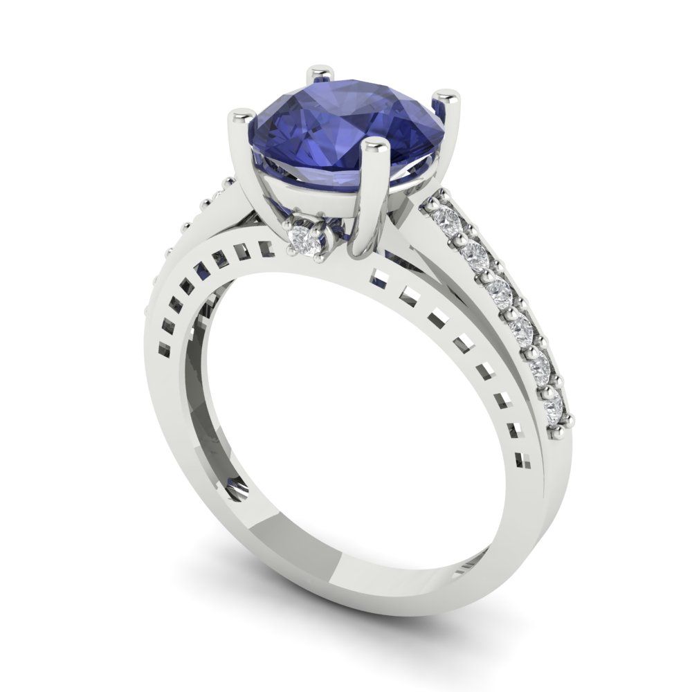 2.21 cttw Simulated Tanzanite Solitaire with Zirconia Simulated Diamond Accents Engagement Ring - Solid Gold (Round Cut,8.0mm)