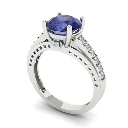 2.21 cttw Simulated Tanzanite Solitaire with Zirconia Simulated Diamond Accents Engagement Ring - Solid Gold (Round Cut,8.0mm)