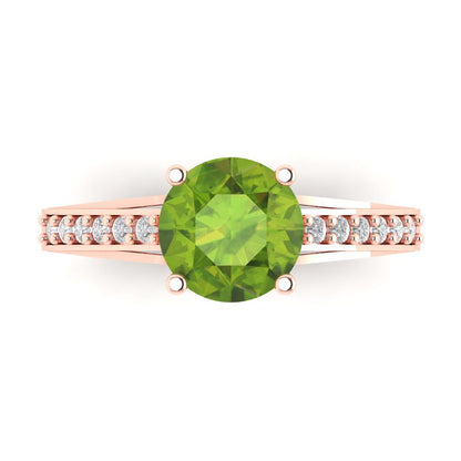 2.21 cttw Natural Peridot Solitaire with Zirconia Simulated Diamond Accents Engagement Ring - Solid Gold (Round Cut,8.0mm)