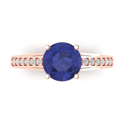 2.21 cttw Simulated Tanzanite Solitaire with Zirconia Simulated Diamond Accents Engagement Ring - Solid Gold (Round Cut,8.0mm)