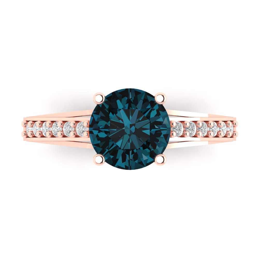 2.21 cttw Natural London Blue Topaz Solitaire with Zirconia Simulated Diamond Accents Engagement Ring - Solid Gold (Round Cut,8.0mm)