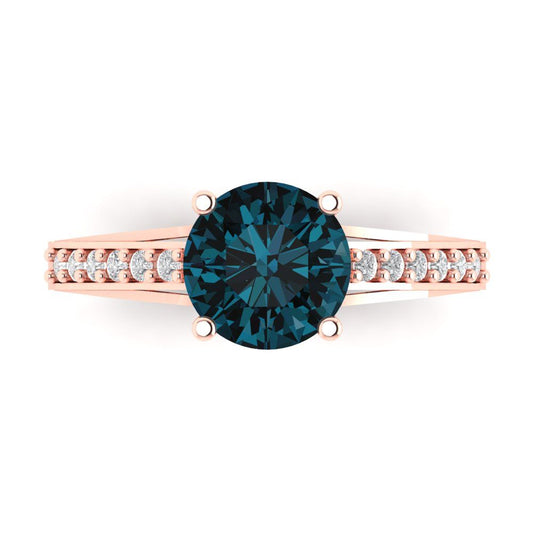 2.21 cttw Natural London Blue Topaz Solitaire with Zirconia Simulated Diamond Accents Engagement Ring - Solid Rose Gold (VVS1, Round Cut,8.0mm)