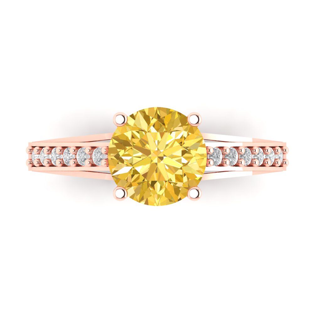 2.21 cttw Zirconia Simulated Yellow Diamond Solitaire with Zirconia Simulated Diamond Accents Engagement Ring - Solid Gold (VVS1, Round Cut,8.0mm)
