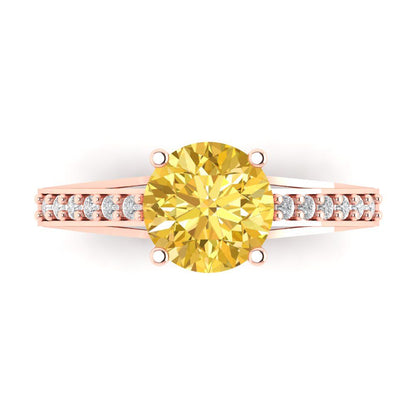 2.21 cttw Zirconia Simulated Yellow Diamond Solitaire with Zirconia Simulated Diamond Accents Engagement Ring - Solid Gold (VVS1, Round Cut,8.0mm)