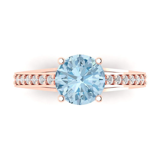 2.21 cttw Natural Aquamarine Solitaire with Zirconia Simulated Diamond Accents Engagement Ring - Solid Rose Gold (VVS1, Round Cut,8.0mm)