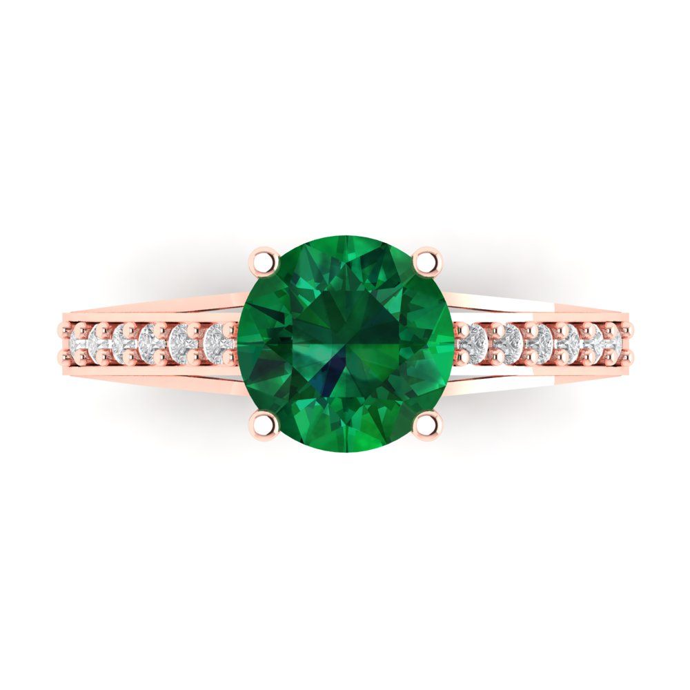 2.21 cttw Simulated Emerald Solitaire with Zirconia Simulated Diamond Accents Engagement Ring - Solid Gold (Round Cut,8.0mm)