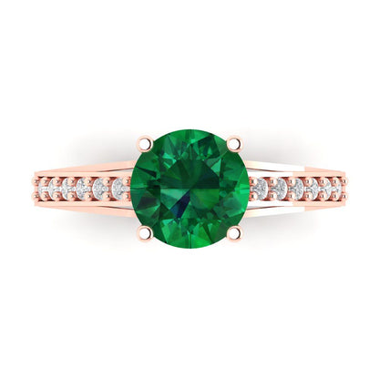 2.21 cttw Simulated Emerald Solitaire with Zirconia Simulated Diamond Accents Engagement Ring - Solid Gold (Round Cut,8.0mm)