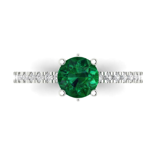 1.465 cttw Simulated Emerald Solitaire with Zirconia Simulated Diamond Accents Engagement Ring - Solid White Gold (VVS1, Round Cut,6.5mm)