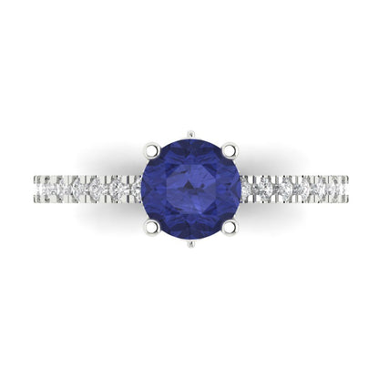 1.465 cttw Simulated Tanzanite Solitaire with Zirconia Simulated Diamond Accents Engagement Ring - Solid Gold (Round Cut,6.5mm)