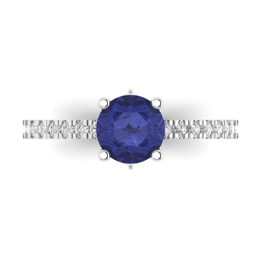 1.465 cttw Simulated Tanzanite Solitaire with Zirconia Simulated Diamond Accents Engagement Ring - Solid White Gold (VVS1, Round Cut,6.5mm)