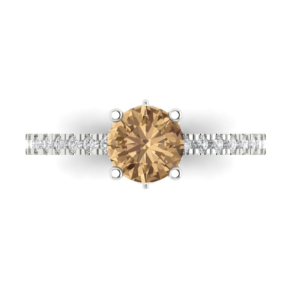 1.465 cttw Zirconia Simulated Champagne Diamond Solitaire with Zirconia Simulated Diamond Accents Engagement Ring - Solid Gold (VVS1, Round Cut,6.5mm)