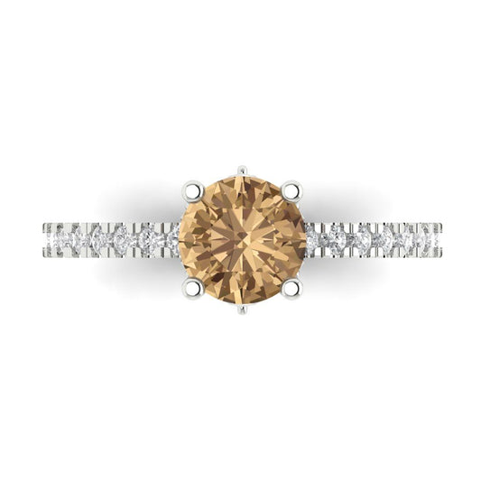 1.465 cttw Zirconia Simulated Champagne Diamond Solitaire with Zirconia Simulated Diamond Accents Engagement Ring - Solid White Gold (VVS1, Round Cut,6.5mm)