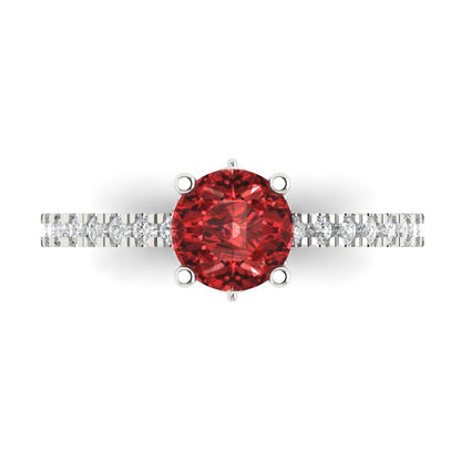 1.465 cttw Natural Garnet Solitaire with Zirconia Simulated Diamond Accents Engagement Ring - Solid Gold (Round Cut,6.5mm)