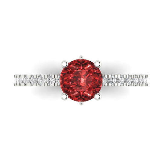 1.465 cttw Natural Garnet Solitaire with Zirconia Simulated Diamond Accents Engagement Ring - Solid White Gold (VVS1, Round Cut,6.5mm)