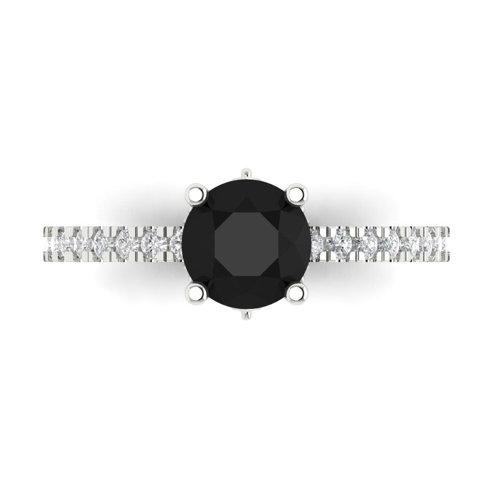 1.465 cttw Natural Onyx Solitaire with Zirconia Simulated Diamond Accents Engagement Ring - Solid White Gold (VVS1, Round Cut,6.5mm)