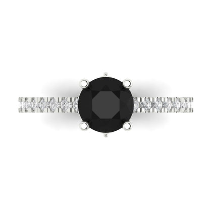 1.465 cttw Natural Onyx Solitaire with Zirconia Simulated Diamond Accents Engagement Ring - Solid White Gold (VVS1, Round Cut,6.5mm)