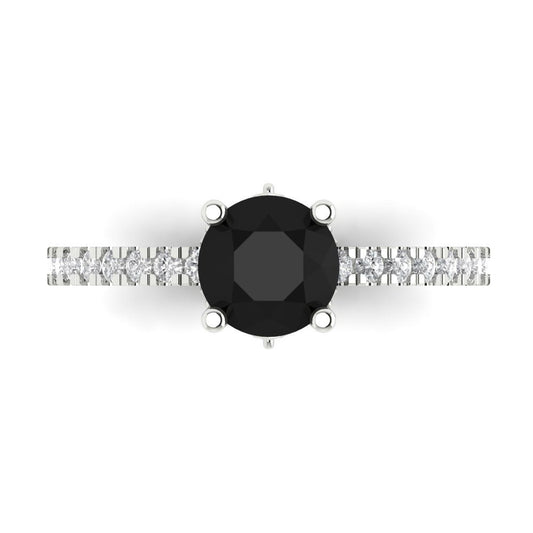 1.465 cttw Natural Onyx Solitaire with Zirconia Simulated Diamond Accents Engagement Ring - Solid White Gold (VVS1, Round Cut,6.5mm)