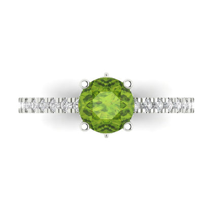 1.465 cttw Natural Peridot Solitaire with Zirconia Simulated Diamond Accents Engagement Ring - Solid Gold (Round Cut,6.5mm)