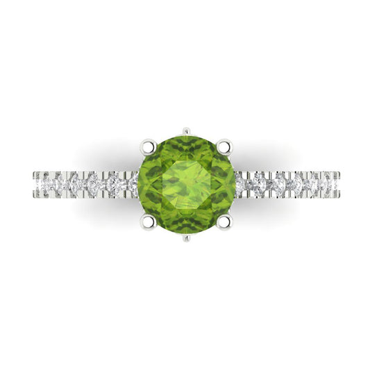 1.465 cttw Natural Peridot Solitaire with Zirconia Simulated Diamond Accents Engagement Ring - Solid White Gold (VVS1, Round Cut,6.5mm)