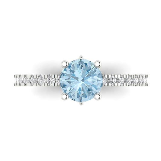 1.465 cttw Natural Swiss Blue Topaz Solitaire with Zirconia Simulated Diamond Accents Engagement Ring - Solid White Gold (VVS1, Round Cut,6.5mm)