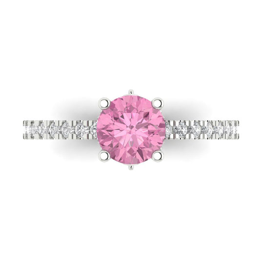 1.465 cttw Zirconia Simulated Pink Diamond Solitaire with Zirconia Simulated Diamond Accents Engagement Ring - Solid White Gold (VVS1, Round Cut,6.5mm)
