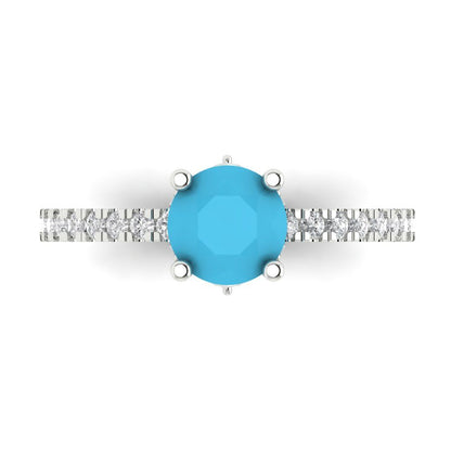 1.465 cttw Simulated Turquoise Solitaire with Zirconia Simulated Diamond Accents Engagement Ring - Solid Gold (Round Cut,6.5mm)