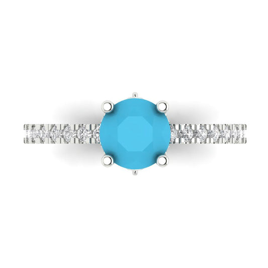 1.465 cttw Simulated Turquoise Solitaire with Zirconia Simulated Diamond Accents Engagement Ring - Solid White Gold (VVS1, Round Cut,6.5mm)