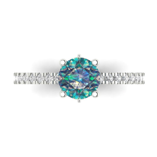 1.465 cttw Blue Moissanite Solitaire with Zirconia Simulated Diamond Accents Engagement Ring - Solid White Gold (VVS1, Round Cut,6.5mm)