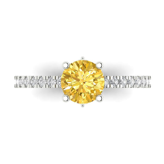 1.465 cttw Natural Citrine Solitaire with Zirconia Simulated Diamond Accents Engagement Ring - Solid White Gold (VVS1, Round Cut,6.5mm)