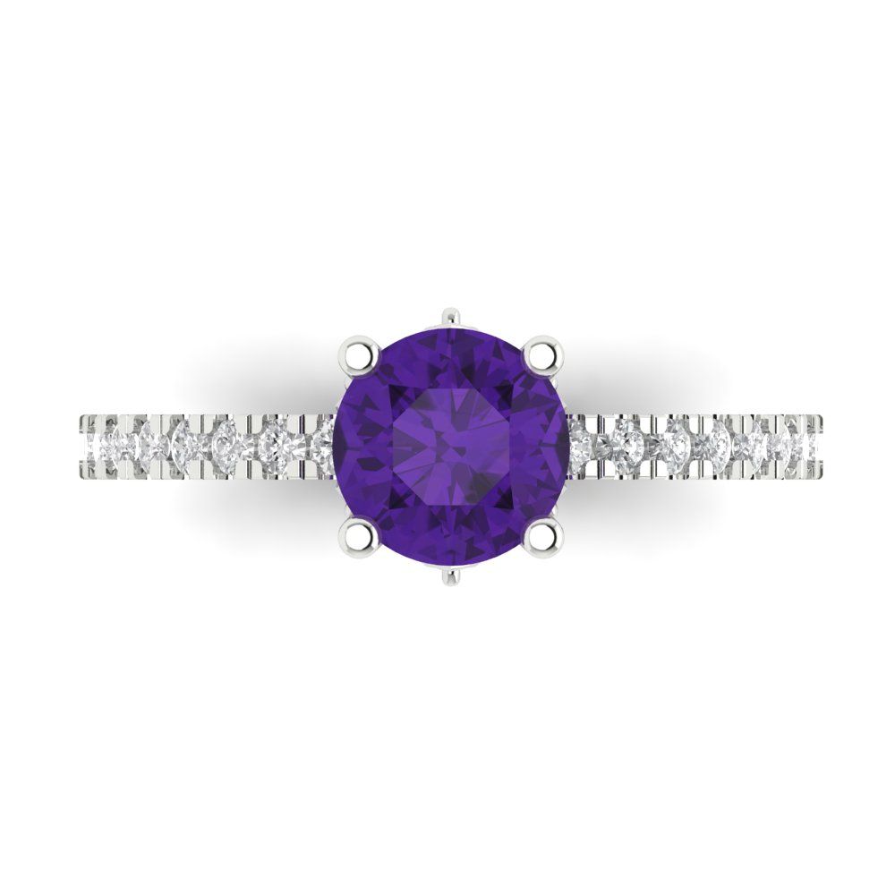 1.465 cttw Natural Amethyst Solitaire with Zirconia Simulated Diamond Accents Engagement Ring - Solid Gold (Round Cut,6.5mm)