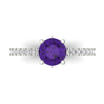 1.465 cttw Natural Amethyst Solitaire with Zirconia Simulated Diamond Accents Engagement Ring - Solid Gold (Round Cut,6.5mm)