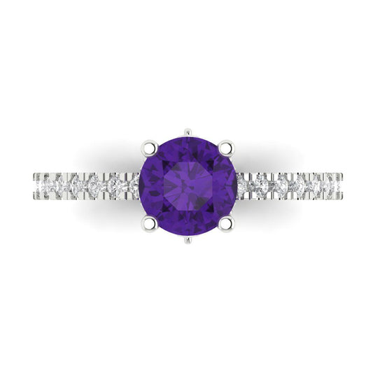 1.465 cttw Natural Amethyst Solitaire with Zirconia Simulated Diamond Accents Engagement Ring - Solid White Gold (VVS1, Round Cut,6.5mm)
