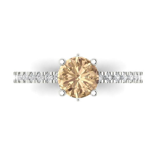 1.465 cttw Yellow Moissanite Solitaire with Zirconia Simulated Diamond Accents Engagement Ring - Solid White Gold (VVS1, Round Cut,6.5mm)