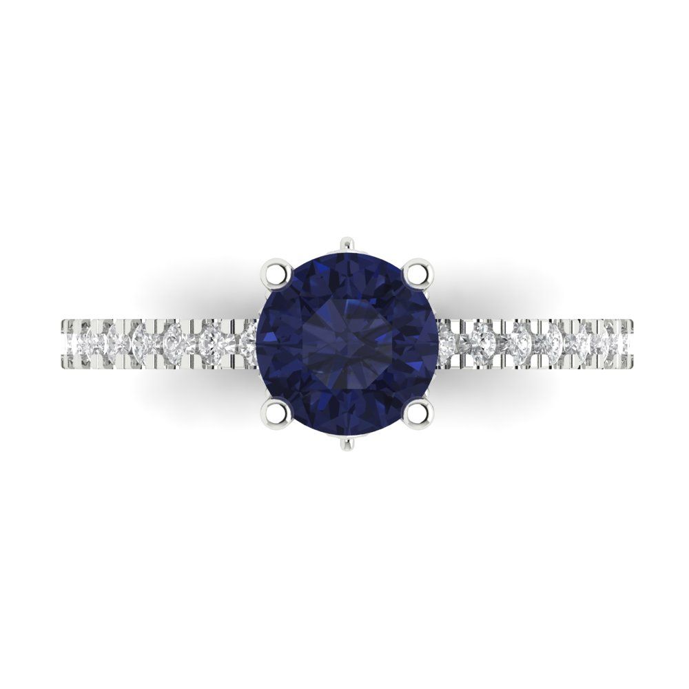 1.465 cttw Simulated Blue Sapphire Solitaire with Zirconia Simulated Diamond Accents Engagement Ring - Solid Gold (Round Cut,6.5mm)